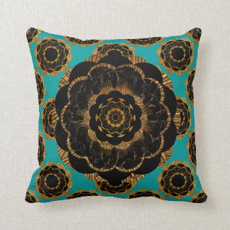 Coussin Conception noire de mandala d'or jaune - Aqua