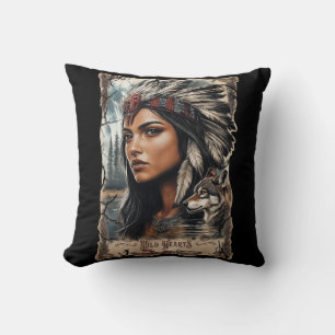 Coussin Conception vintage de la femme et du loup amérindi