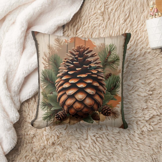 Coussin Cône de pin aux accents feuillage et bois (Couverture)
