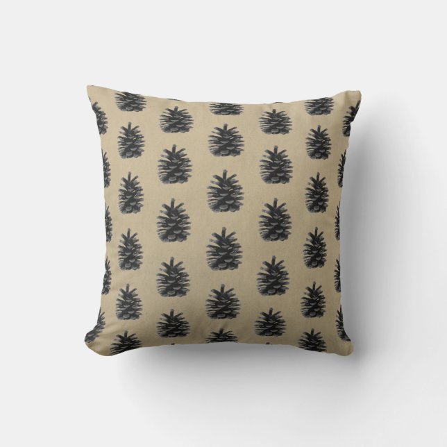 Coussin Cônes de pin, taupe et à motif noir (Recto)