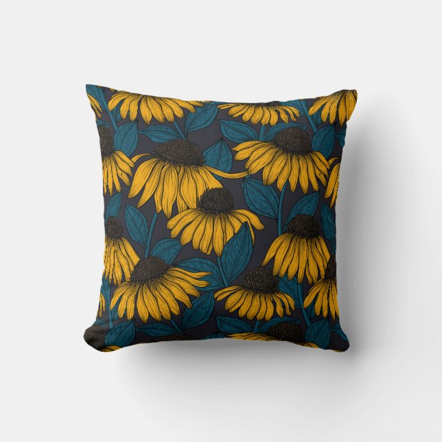 Coussin Confleurs jaunes sur bleu foncé (Recto)