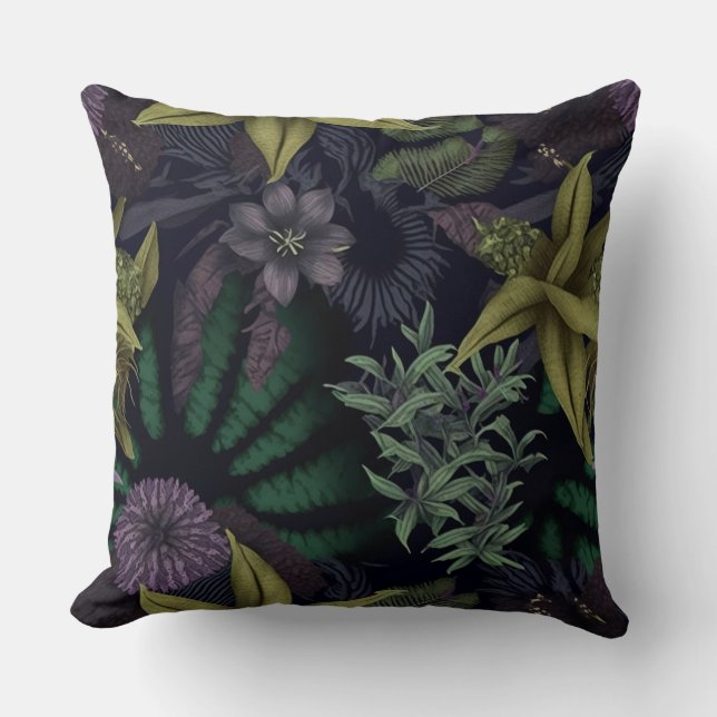 Coussin Contemporain Flore foncé Botanique violet et vert (Recto)
