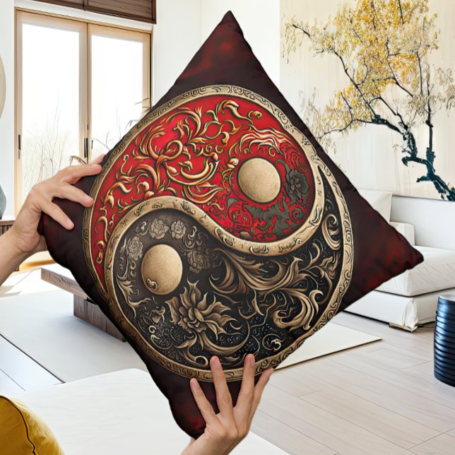 Coussin Contemporain moderne rouge et noir Yin et Yang (Créateur téléchargé)
