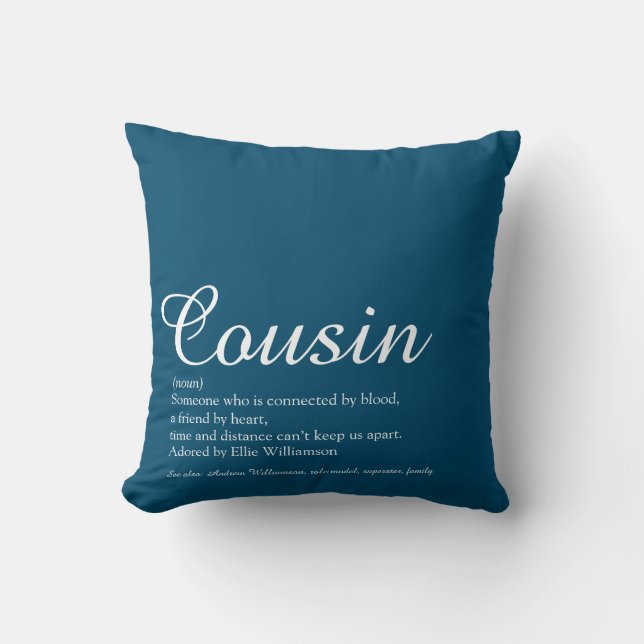 Coussin Cool moderne Bleu amusant Script Cousin Définition (Recto)