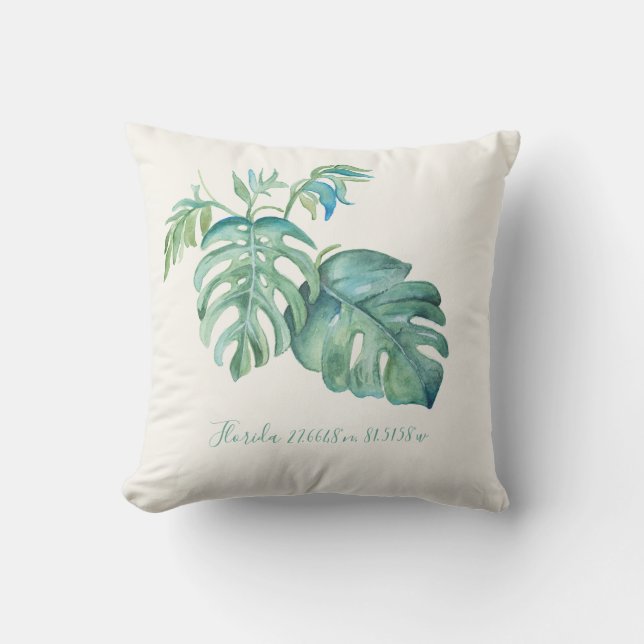 Coussin Coordonnées de la feuille de monochromie de l'aqua (Recto)