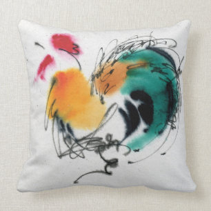 Coussin Coq coloré. Calligraphie et watercolor.