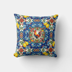 Coussin Coq coloré, Méditerranée, mosaïque, citron,