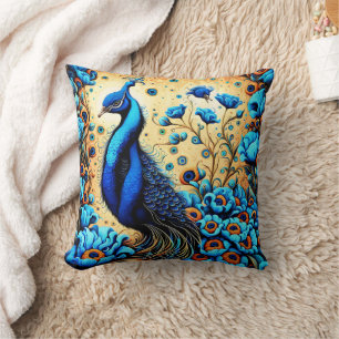 Coussin Coq Coloré Parmi Les Fleurs Bleues Vibrantes