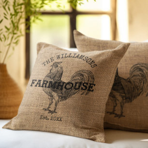 Coussin Coq de Ferme au Nom de Famille Vintage Rustique