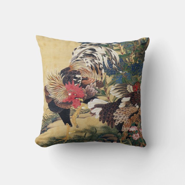 Coussin Coq et poule avec des hortensias (Recto)