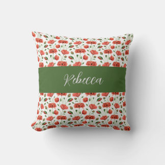 Coussin Coquelicot Aquarelle Fleur Sauvage Monogramme Nom