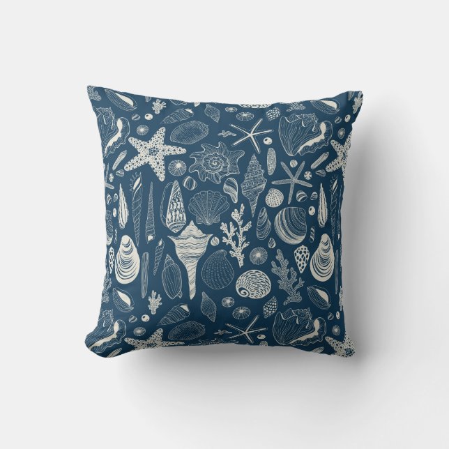 Coussin Coques de mer sur bleu foncé (Recto)