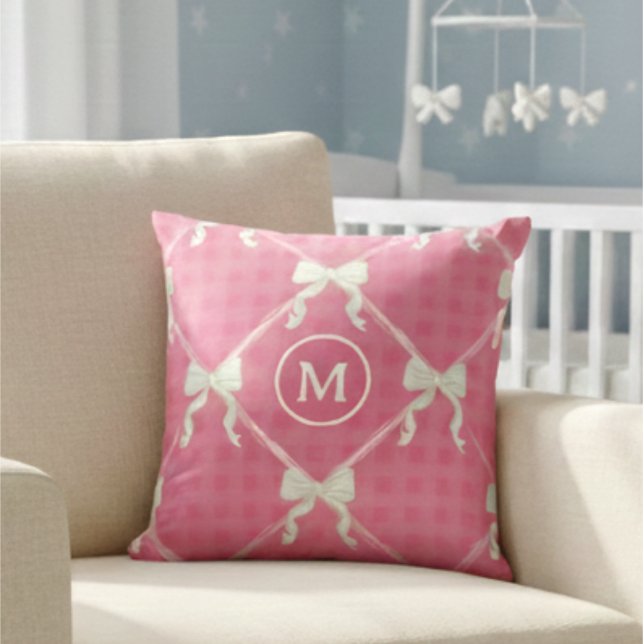 Coussin Coquette Bows Gingham Monogram Cream Pink (Créateur téléchargé)