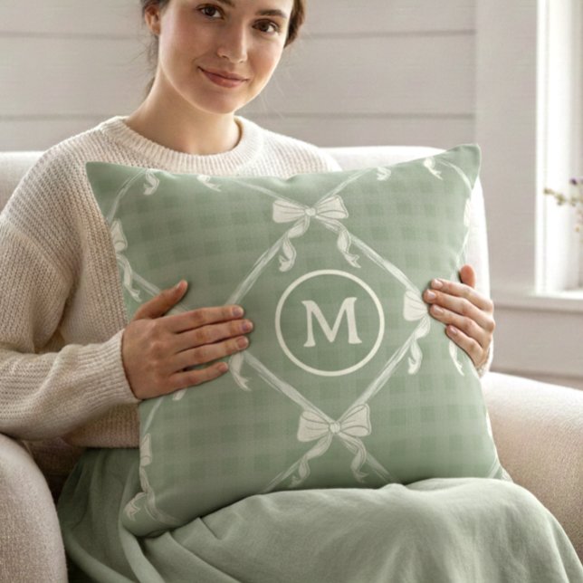 Coussin Coquette Bows Gingham Monogram Cream Sage Green  (Créateur téléchargé)