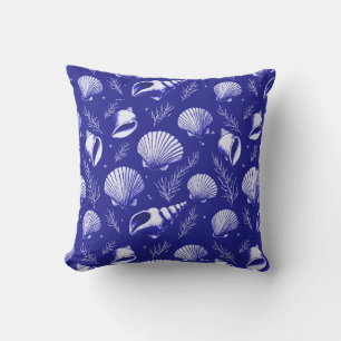 Coussin Coquillages et Algues en Bleu Nuit et Blanc 
