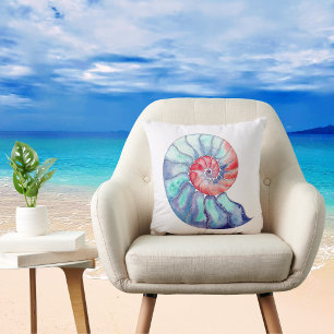 Coussin Coquille de Nautilus en bleu corail et gris sur bl