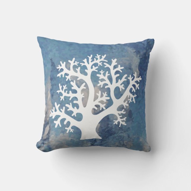 Coussin Corail blanc sur bleu (Recto)