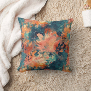 Coussin Corail brillant et Turquoise Floral Abstrait