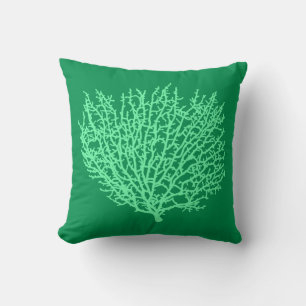Coussin Corail de ventilateur imprimé, vert pâle sur vert 