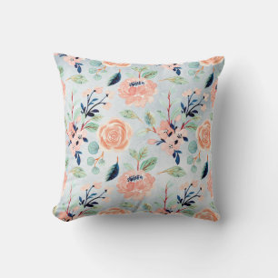 Coussin Corail et bleu Fleurs sauvages et Roses