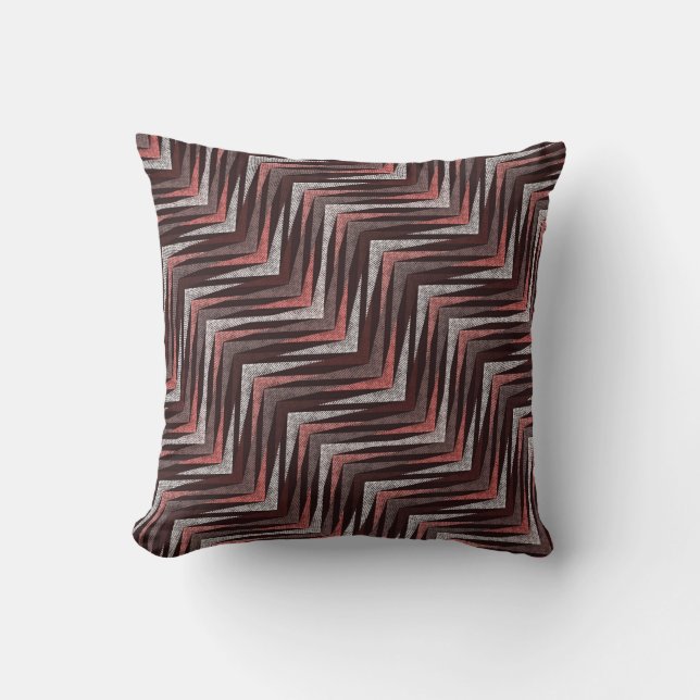 Coussin Corail, gris, motif brun zigzag. (Recto)