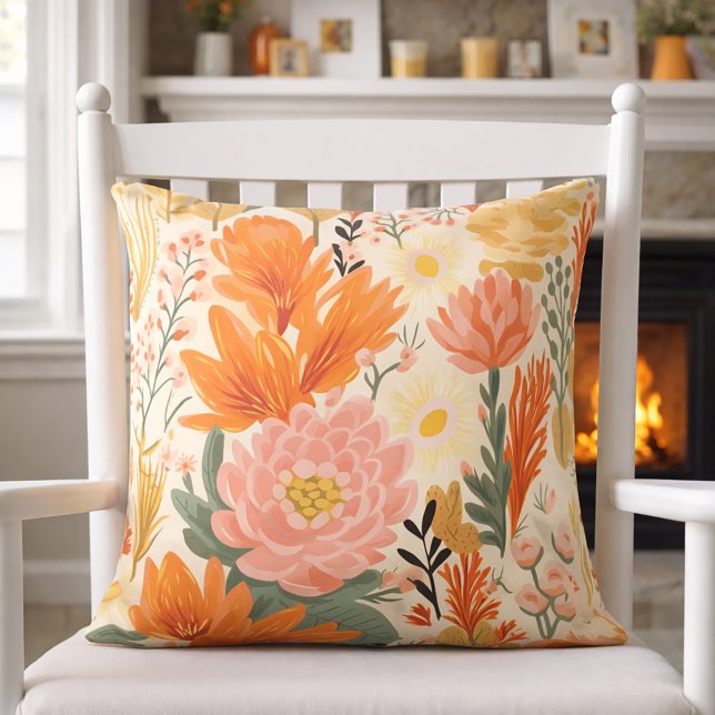 Coussin Corail jaune orange vert Floral (Cozy farmhouse decor)