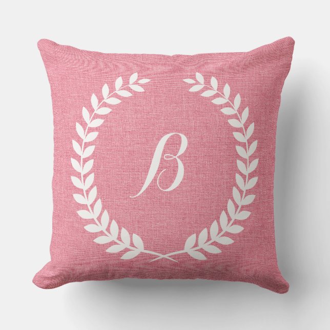 Coussin Corail Monogramme Lin Rouge Et Couronne Blanche (Recto)