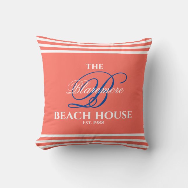 Coussin Corail Nom de famille Blue Initial Beach House (Recto)
