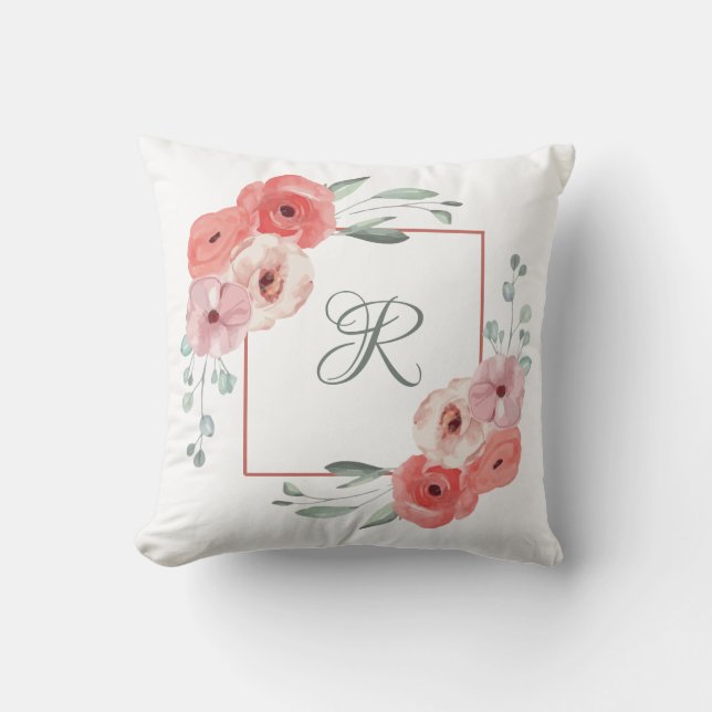 Coussin Corail rose et floral blanc et vert monogrammé (Recto)