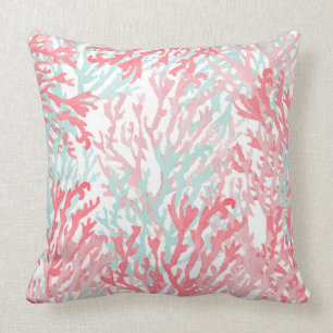 Coussin Corail rose vif turquoise peint à la main de récif