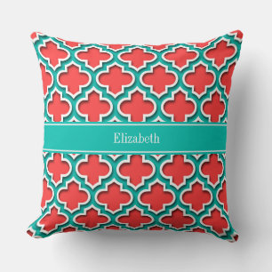 Coussin Corail Rouge, Teal Marocain #5DS Monogramme Teal N