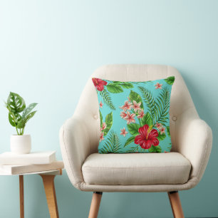 Coussin Corail Tropical Hibiscus Fleur Sur Turquoise