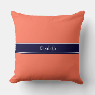 Coussin Corail Uni, Ruban Bleu Marine Monogramme du Nom
