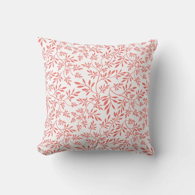 Coussin Corail vivant et motif feuille blanc (Recto)