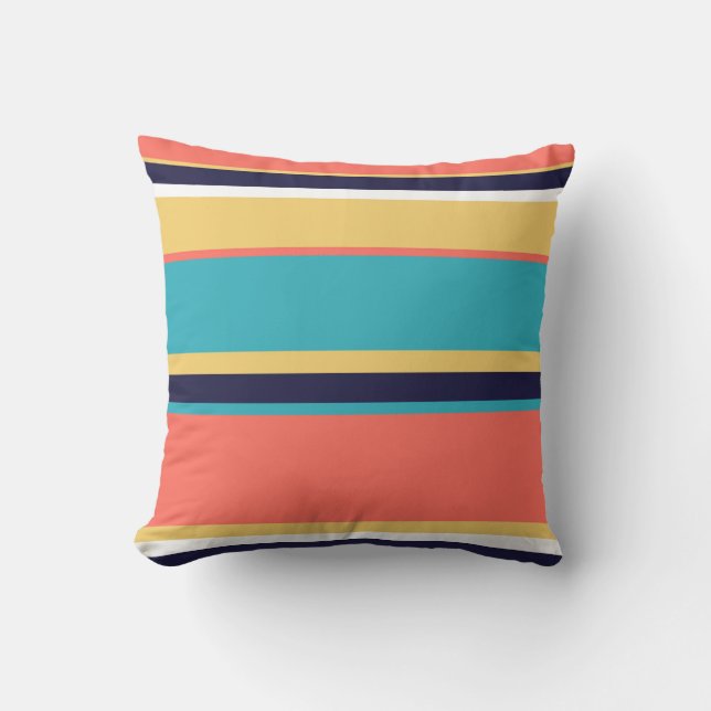 Coussin Corail vivant, rayures bleues et jaunes (Recto)