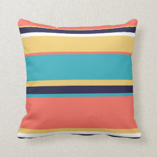 Coussin Corail vivant, rayures bleues et jaunes