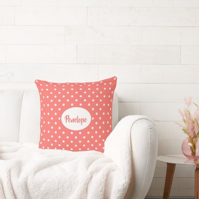 Coussin Coral Pink Classy Polka Motif avec nom (Canapé)