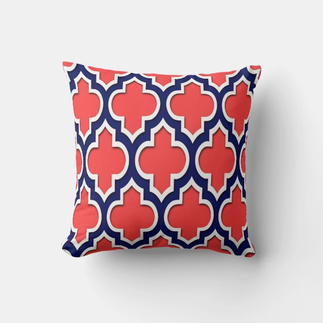 Coussin Coral Red Navy White Quatrefoil marocain #4DS (Recto)