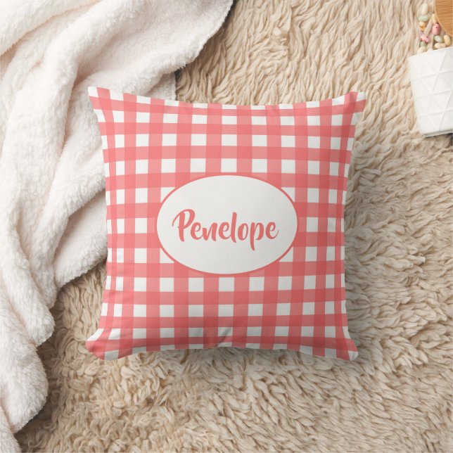 Coussin Coral Rose Classy En vichy Motif avec nom (Couverture)