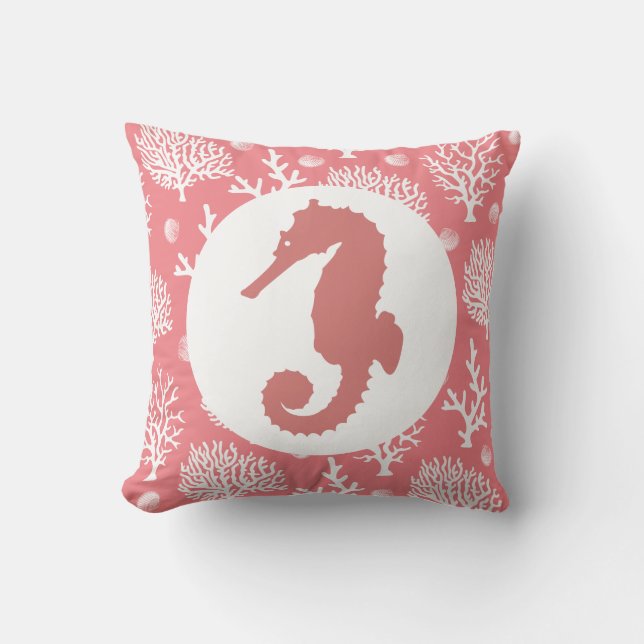 Coussin Coraux de la mer Blanche et cheval de mer rose cor (Recto)