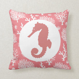 Coussin Coraux de la mer Blanche et cheval de mer rose cor