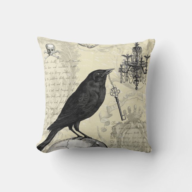 Coussin Corbeau et clé, gothique, halloween, (Recto)