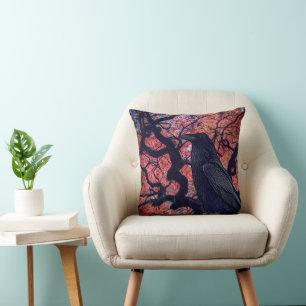 Coussin Corbeau noir et érable gris japonais