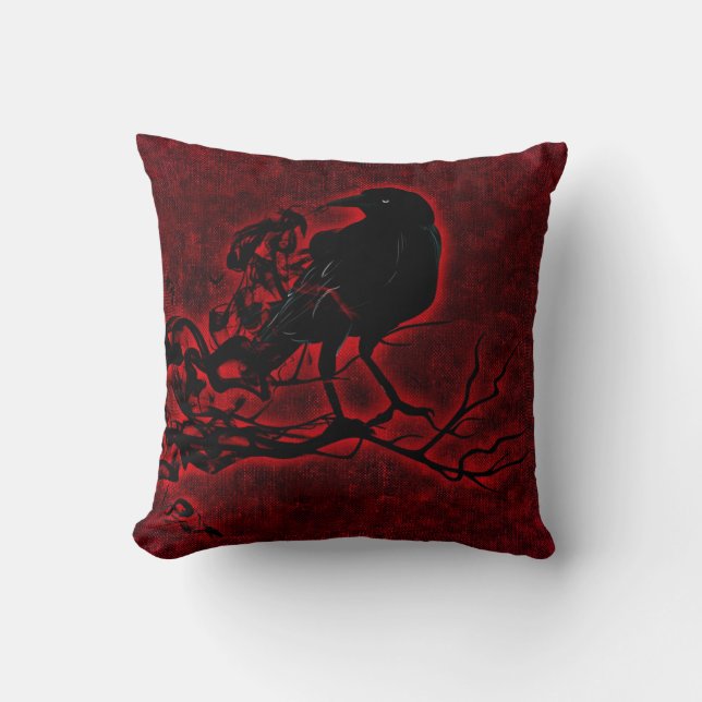 Coussin Corbeau noir sur rouge profond (Recto)