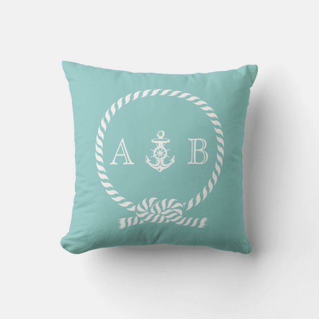 Coussin Corde marine verte et monogramme Ancre (Recto)