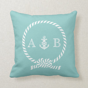 Coussin Corde marine verte et monogramme Ancre