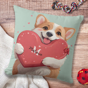 Coussin Corgi Chien Pun & Coeurs Rouges Monogrammes Valent