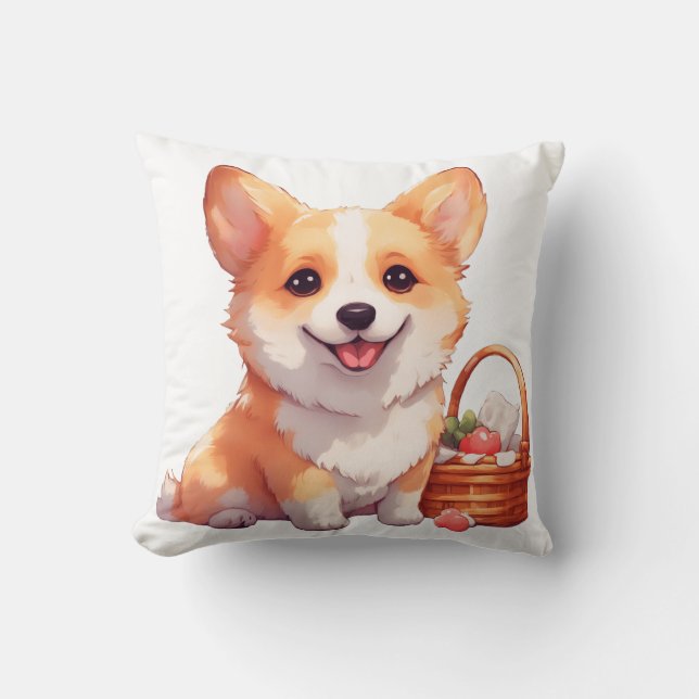 Coussin Corgi joyeux avec un panier de pique-nique (Recto)