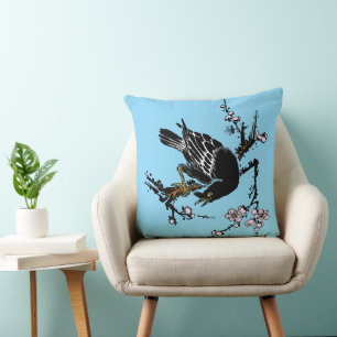 Coussin Corneille japonaise vintage et fleurs de cerisiers