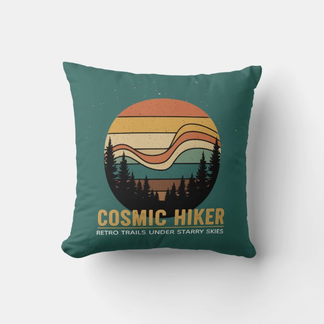 Coussin Cosmic Hiker Retro 70s Sunset Space Forest Stars (Recto)